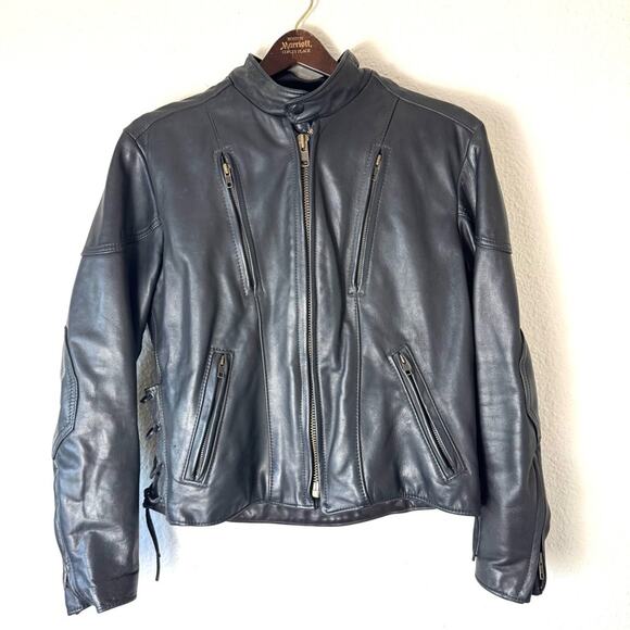 Vintage Black Leather Lace Up Heavy Moto Jacket Size Medium - Picture 1 of 6